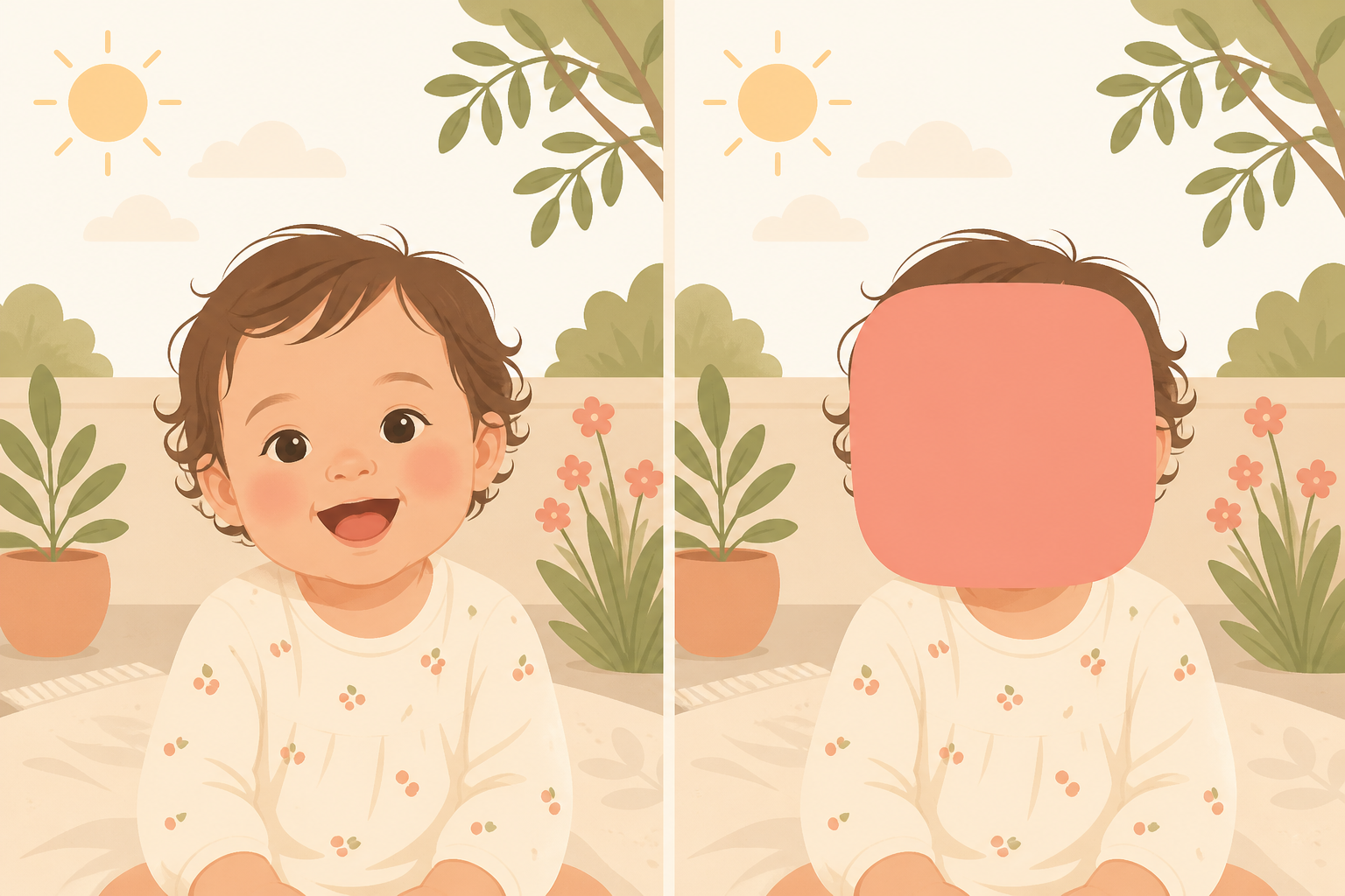 A split illustration: on the left a child's face is clearly visible, and on the right the same photo shows the face hidden under a solid coral cover.
