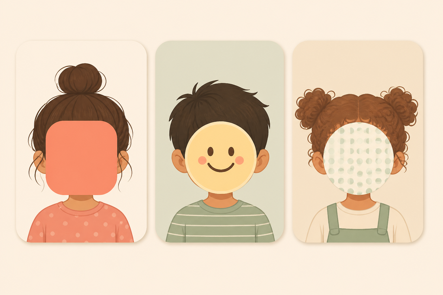 Three cards showing the same child's face covered three different ways: a solid coral block, a smiley emoji sticker, and a soft dotted pattern.