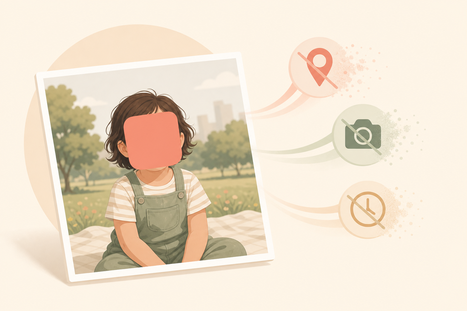 A covered photo with its location pin, camera and timestamp tags dissolving away as the clean copy is exported.