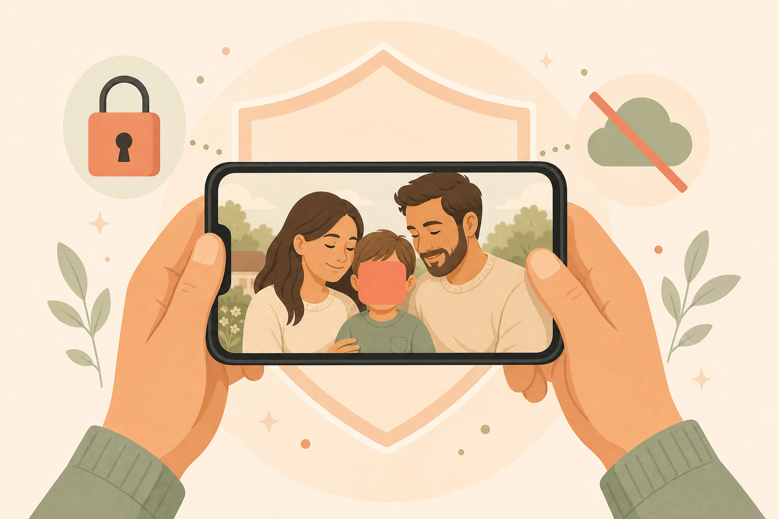 Hands holding a phone that shows a family photo with the face covered, ringed by a padlock and a protective shield, beside a crossed-out cloud - nothing is uploaded.
