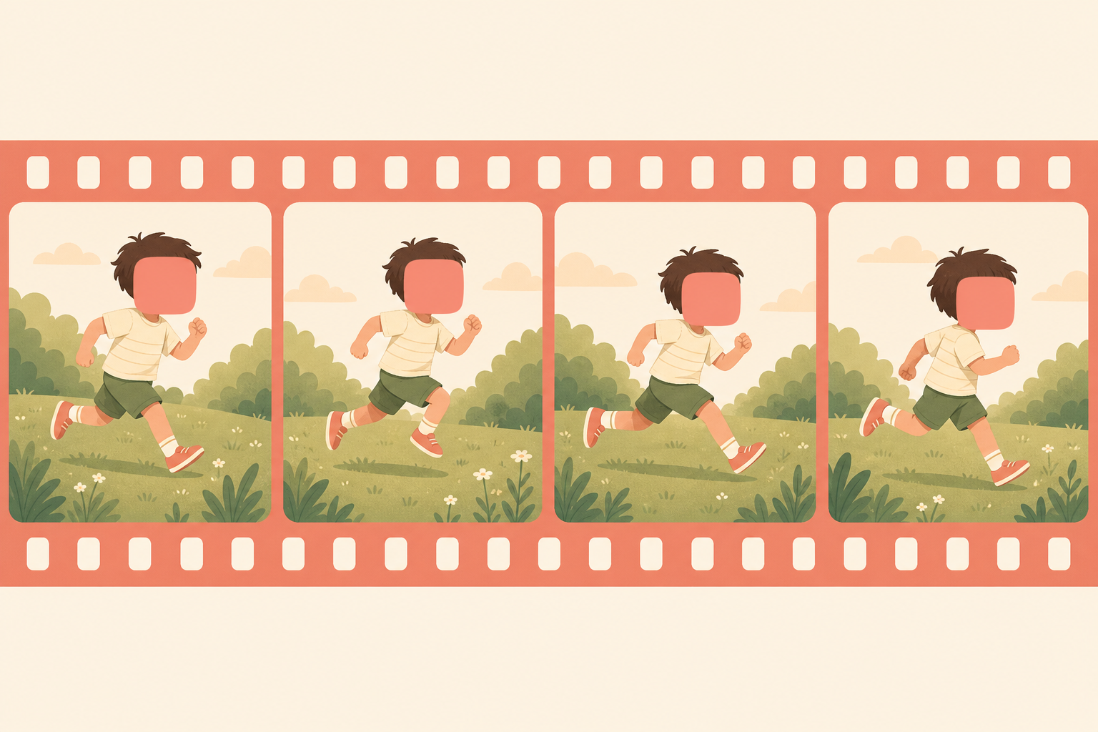 A film strip of a child running, with the child's face covered in every single frame.