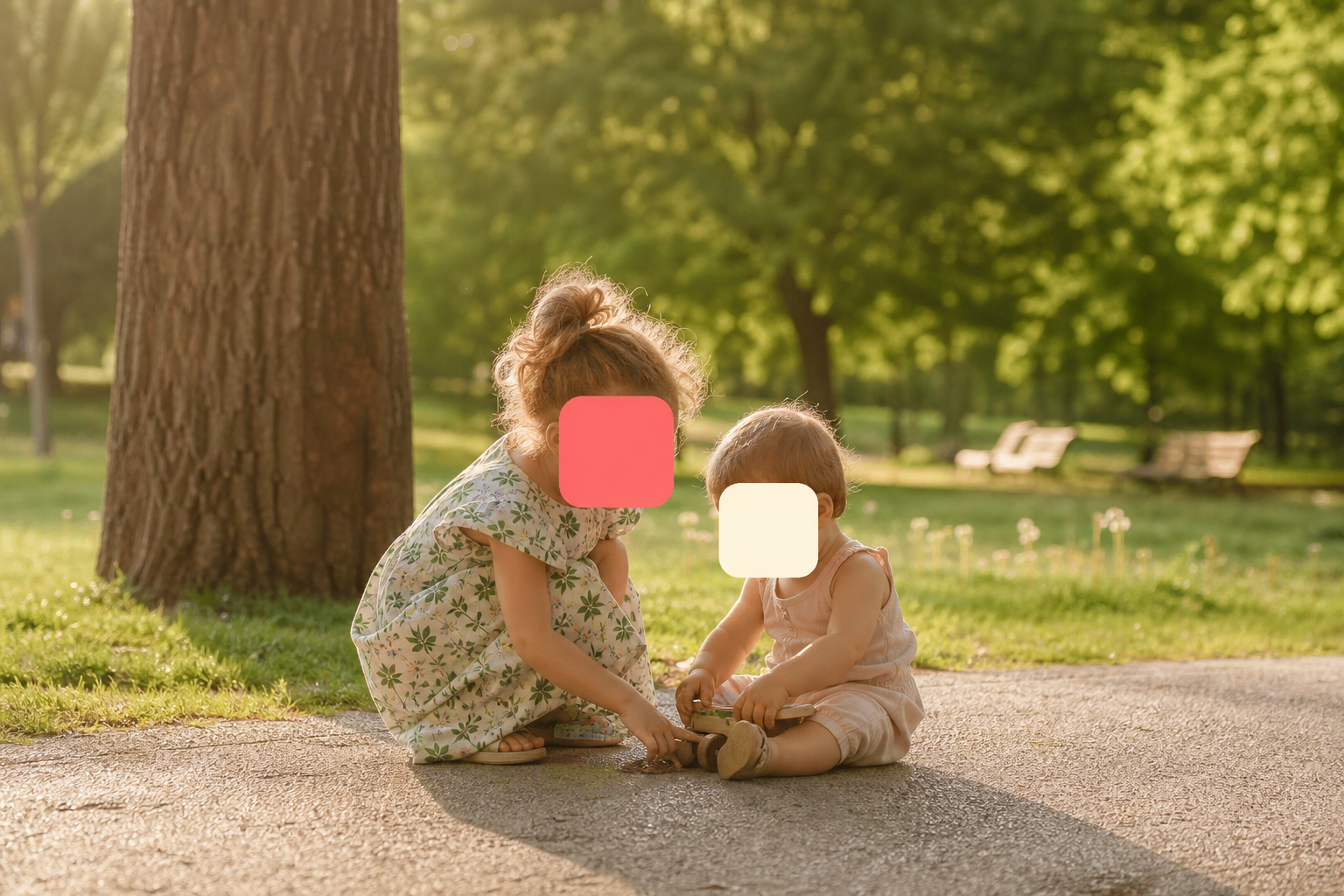 Two young siblings playing together in a sunlit park, both of their faces covered by soft coral and cream blocks